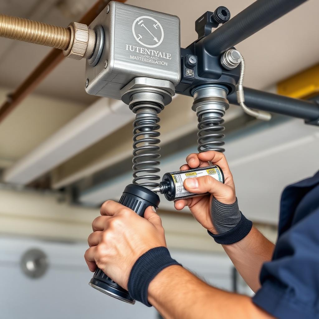Professional technician performing garage door maintenance including spring lubrication and adjustment