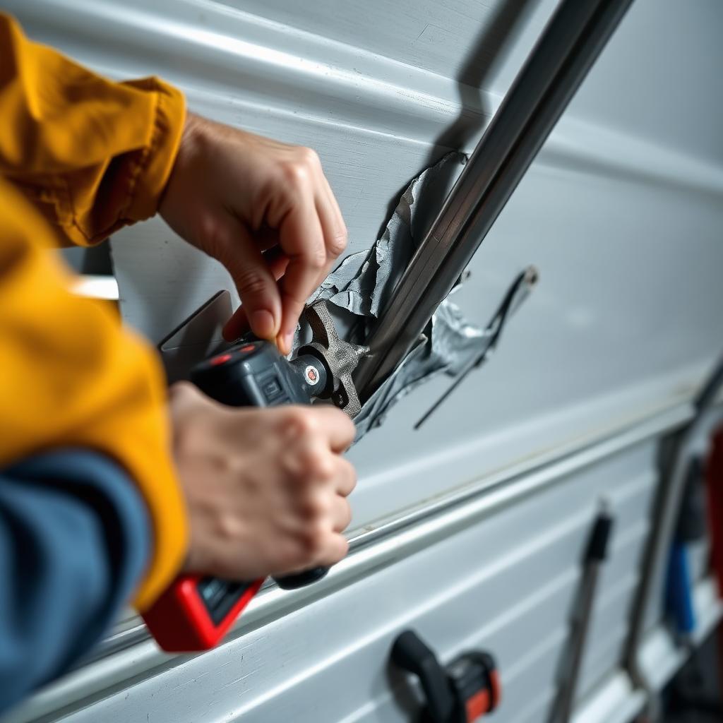 Professional garage door panel repair service showing damaged section being repaired