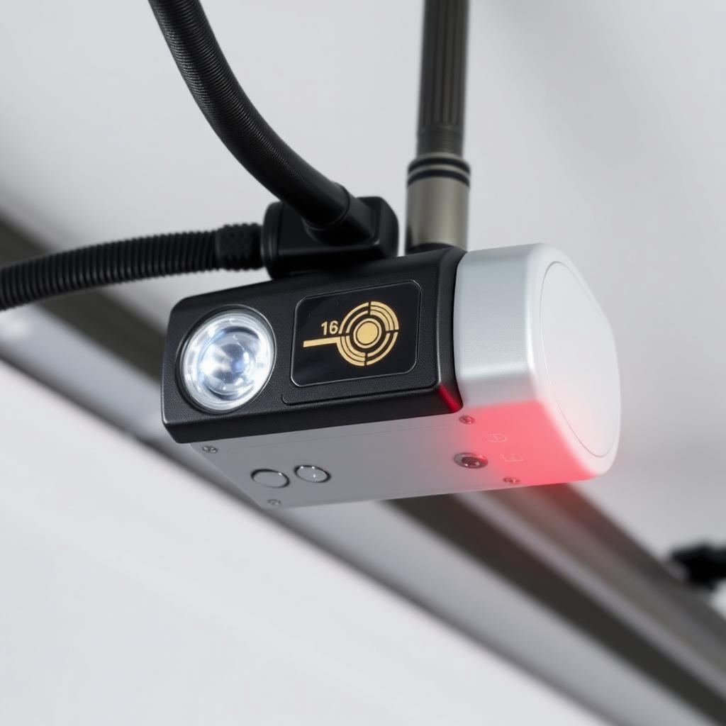 Modern garage door safety sensor and crush prevention system close-up showing photoelectric eye