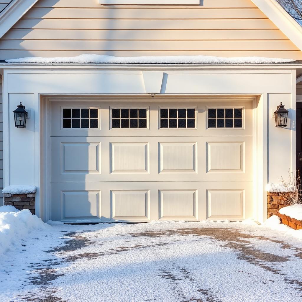 Garage door in winter setting with snow, showing properly maintained door ready for cold weather