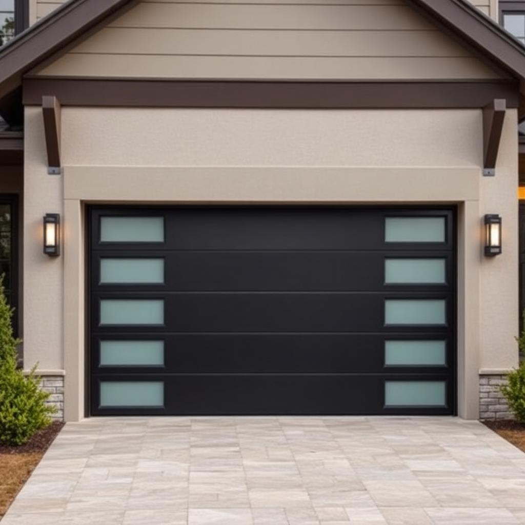 Modern steel garage door installation with frosted glass panels in Essex County home
